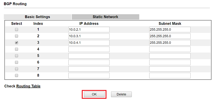 enter the IP address and Subnet Mask of advertised routes in BGP Routing Static Network